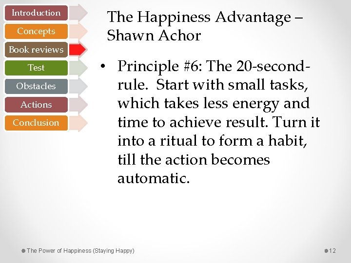 Introduction Concepts Book reviews Test Obstacles Actions Conclusion The Happiness Advantage – Shawn Achor