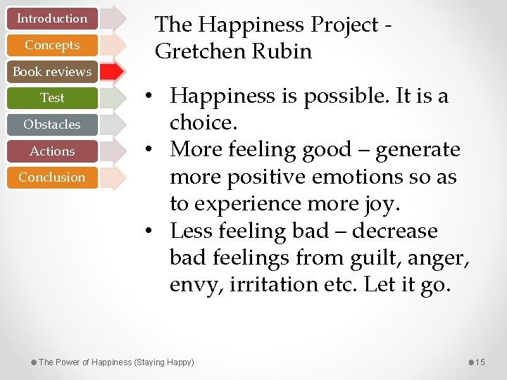 Introduction Concepts Book reviews Test Obstacles Actions Conclusion The Happiness Project - Gretchen Rubin