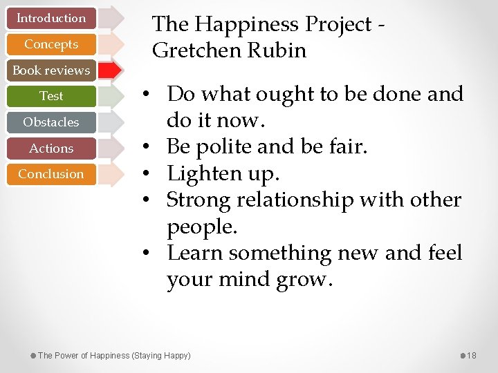 Introduction Concepts Book reviews Test Obstacles Actions Conclusion The Happiness Project - Gretchen Rubin
