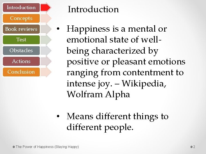 Introduction Concepts Book reviews Test Obstacles Actions Conclusion Introduction • Happiness is a mental