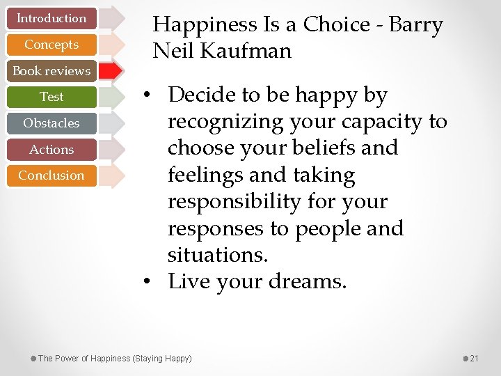 Introduction Concepts Book reviews Test Obstacles Actions Conclusion Happiness Is a Choice - Barry