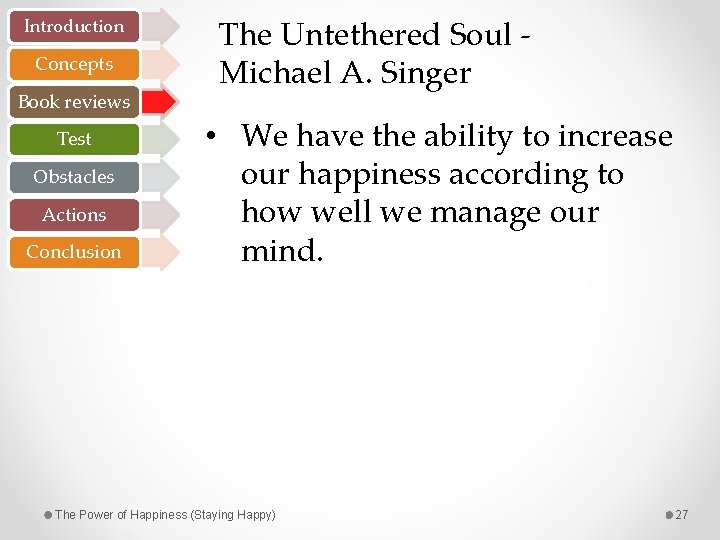 Introduction Concepts Book reviews Test Obstacles Actions Conclusion The Untethered Soul - Michael A.