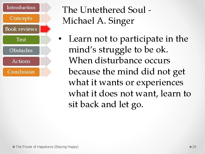 Introduction Concepts Book reviews Test Obstacles Actions Conclusion The Untethered Soul - Michael A.