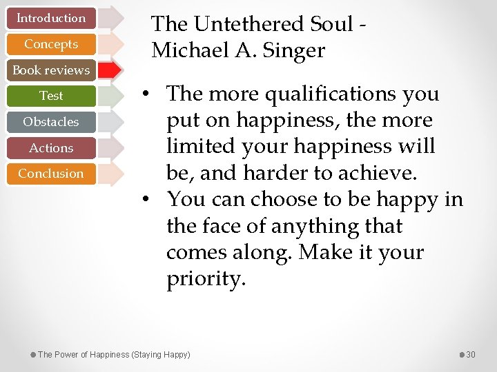 Introduction Concepts Book reviews Test Obstacles Actions Conclusion The Untethered Soul - Michael A.