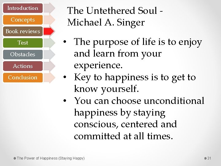Introduction Concepts Book reviews Test Obstacles Actions Conclusion The Untethered Soul - Michael A.