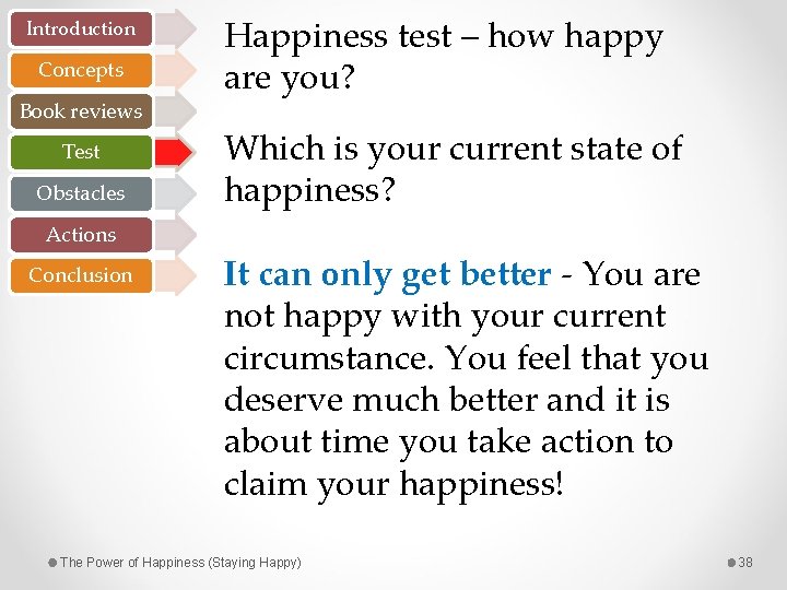 Introduction Concepts Book reviews Test Obstacles Happiness test – how happy are you? Which