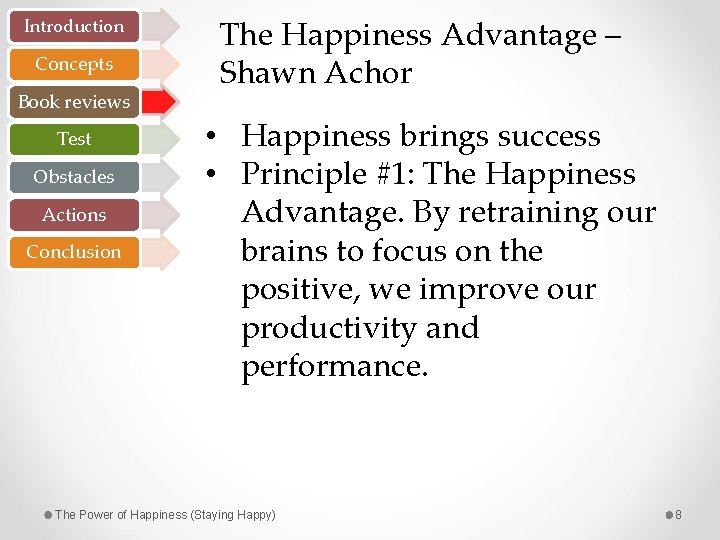 Introduction Concepts Book reviews Test Obstacles Actions Conclusion The Happiness Advantage – Shawn Achor