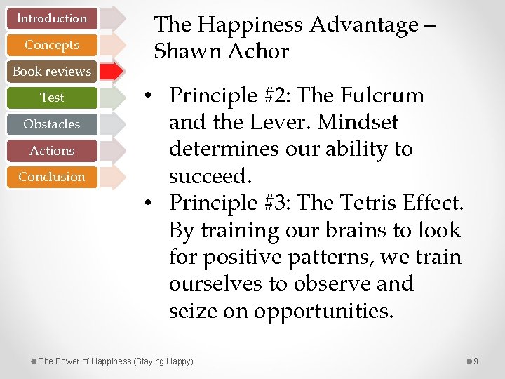 Introduction Concepts Book reviews Test Obstacles Actions Conclusion The Happiness Advantage – Shawn Achor