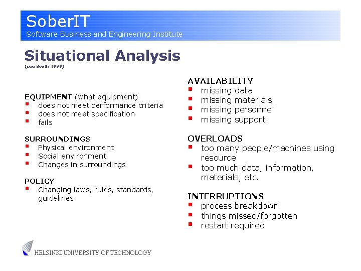 Sober. IT Software Business and Engineering Institute Situational Analysis (see Booth 1989) EQUIPMENT (what