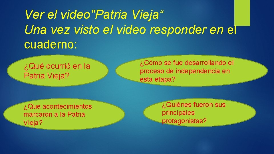 Ver el video"Patria Vieja“ Una vez visto el video responder en el cuaderno: ¿Qué