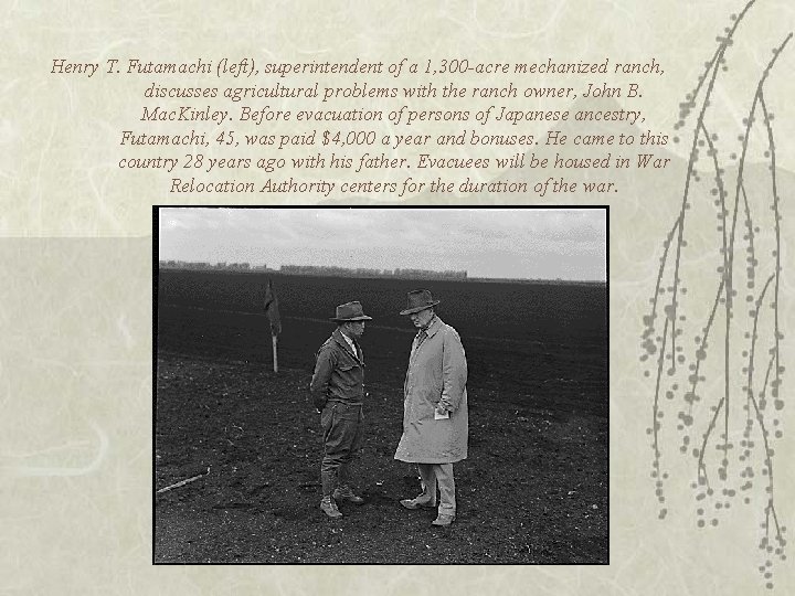 Henry T. Futamachi (left), superintendent of a 1, 300 -acre mechanized ranch, discusses agricultural