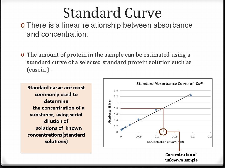 Standard Curve 0 There is a linear relationship between absorbance and concentration. 0 The Standard Curve 0 There is a linear relationship between absorbance and concentration. 0 The