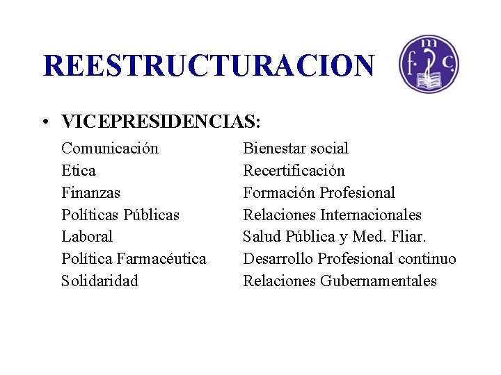 REESTRUCTURACION • VICEPRESIDENCIAS: Comunicación Etica Finanzas Políticas Públicas Laboral Política Farmacéutica Solidaridad Bienestar social