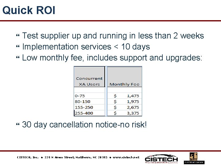 Quick ROI Test supplier up and running in less than 2 weeks Implementation services
