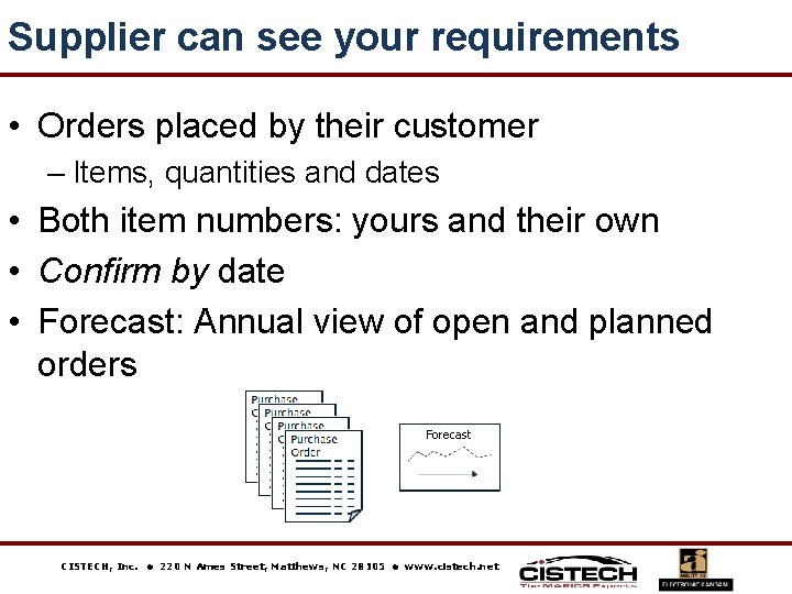 Supplier can see your requirements • Orders placed by their customer – Items, quantities