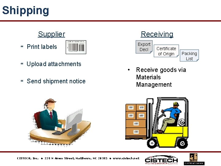 Shipping Supplier Print labels Upload attachments Send shipment notice CISTECH, Inc. Receiving Export Decl