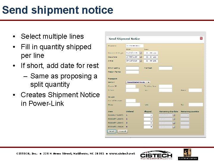 Send shipment notice • Select multiple lines • Fill in quantity shipped per line