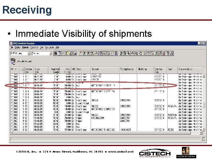 Receiving • Immediate Visibility of shipments CISTECH, Inc. 220 N Ames Street, Matthews, NC