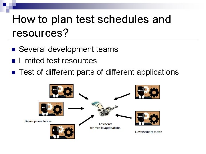 How to plan test schedules and resources? n n n Several development teams Limited