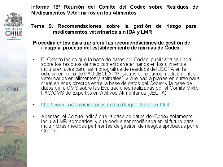 Informe 19ª Reunión del Comité del Codex sobre Residuos de Medicamentos Veterinarios en los