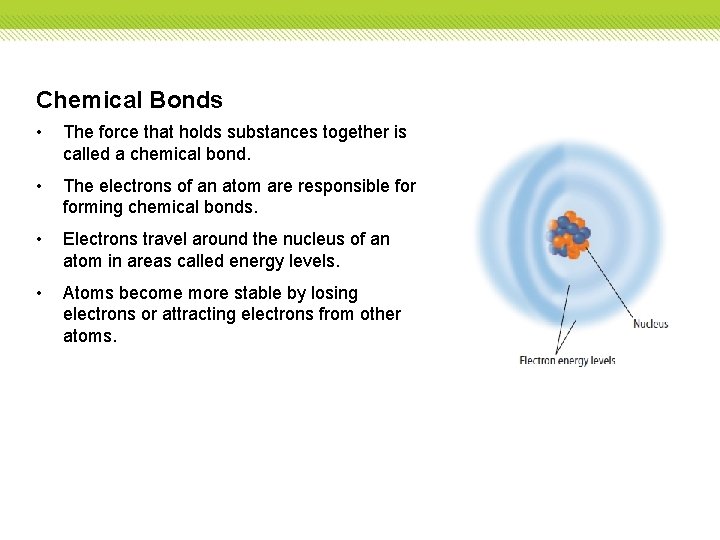 Chemical Bonds • The force that holds substances together is called a chemical bond.
