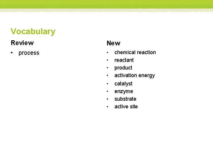 Vocabulary Review New • process • • chemical reaction reactant product activation energy •