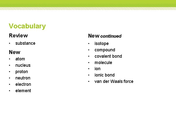 Vocabulary Review New continued • • substance New • • • atom nucleus proton