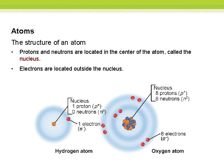 Atoms The structure of an atom • Protons and neutrons are located in the