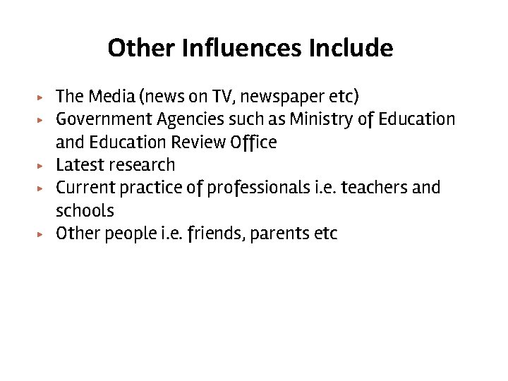 Other Influences Include ▶ ▶ ▶ The Media (news on TV, newspaper etc) Government