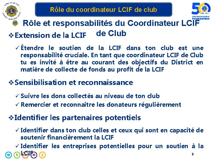 Rôle du coordinateur LCIF de club Rôle et responsabilités du Coordinateur LCIF v. Extension