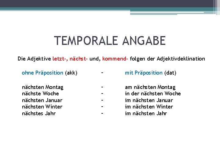 TEMPORALE ANGABE Die Adjektive letzt-, nächst- und, kommend- folgen der Adjektivdeklination ohne Präposition (akk)