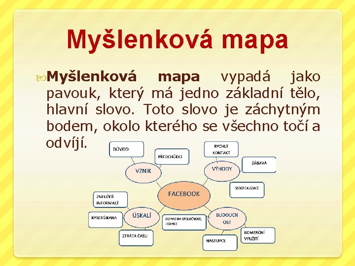 Myšlenková mapa vypadá jako pavouk, který má jedno základní tělo, hlavní slovo. Toto slovo
