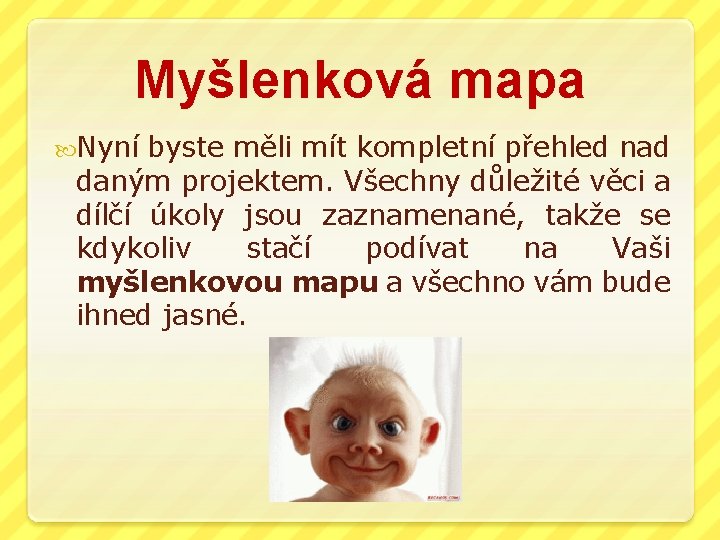 Myšlenková mapa Nyní byste měli mít kompletní přehled nad daným projektem. Všechny důležité věci