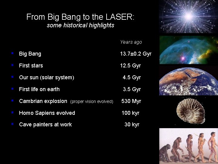 From Big Bang to the LASER: some historical highlights Years ago § Big Bang