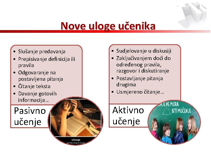 Nove uloge učenika • Slušanje predavanja • Prepisivanje definicija ili pravila • Odgovaranje na