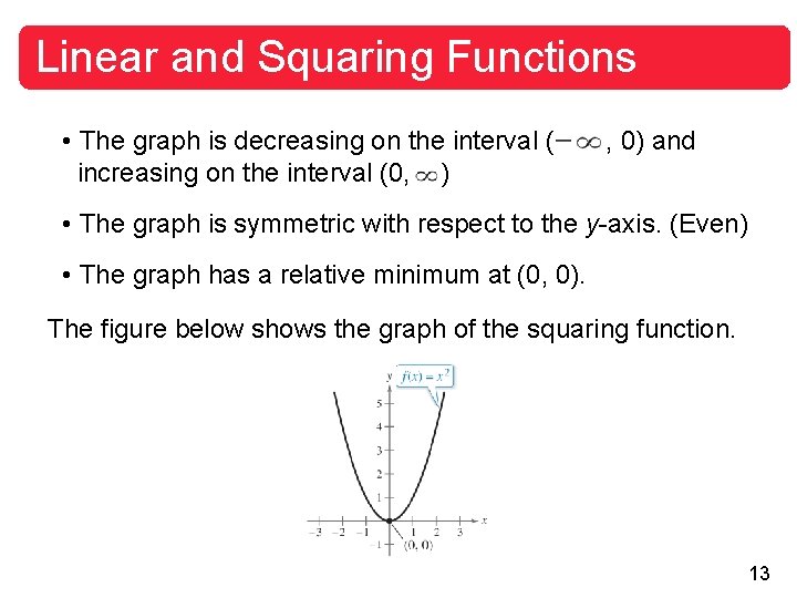Linear and Squaring Functions • The graph is decreasing on the interval ( ,