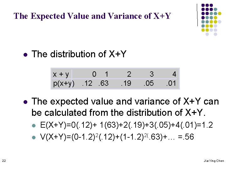 The Expected Value and Variance of X+Y l The distribution of X+Y x+y p(x+y)