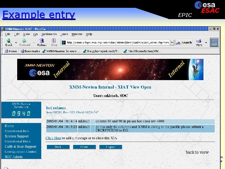 Example entry EPIC ESAC back to view Marcus Kirsch, XMM-Newton European Space Astronomy Center