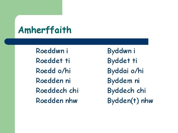 Amherffaith Roeddwn i Roeddet ti Roedd o/hi Roedden ni Roeddech chi Roedden nhw Byddwn