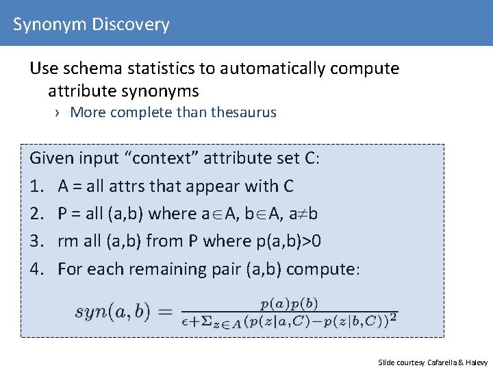 Synonym Discovery Use schema statistics to automatically compute attribute synonyms › More complete than