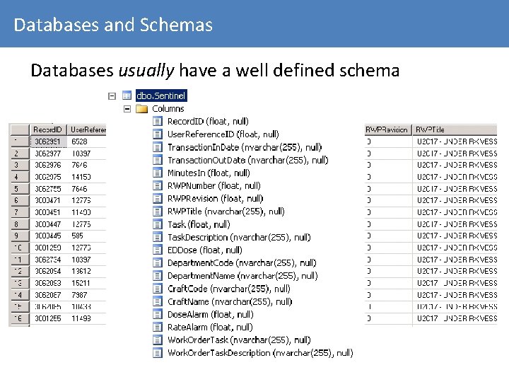 Databases and Schemas Databases usually have a well defined schema 