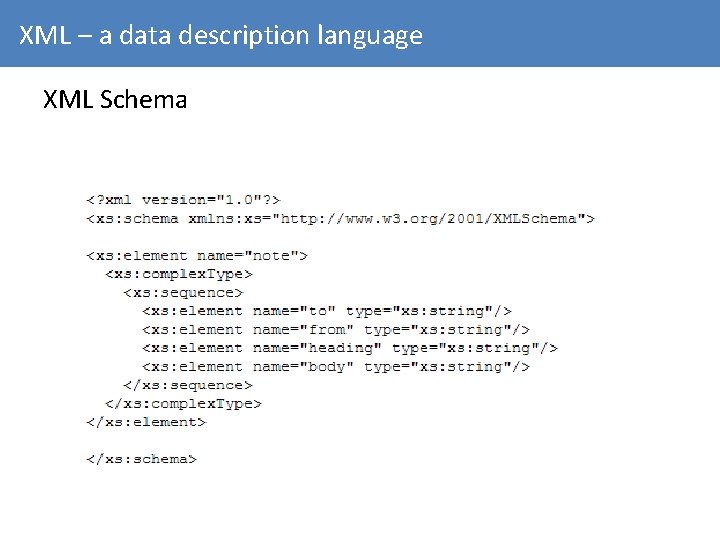 XML – a data description language XML Schema 