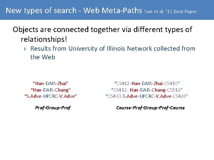New types of search - Web Meta-Paths Sun et al. ‘ 12 Best Paper