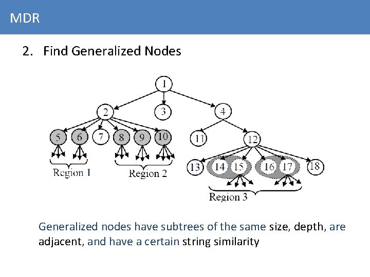 MDR 2. Find Generalized Nodes Generalized nodes have subtrees of the same size, depth,