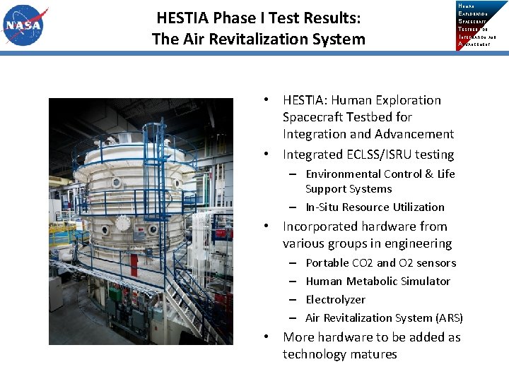 HESTIA Phase I Test Results: The Air Revitalization System HUMAN EXPLORATION SPACECRAFT TESTBED FOR