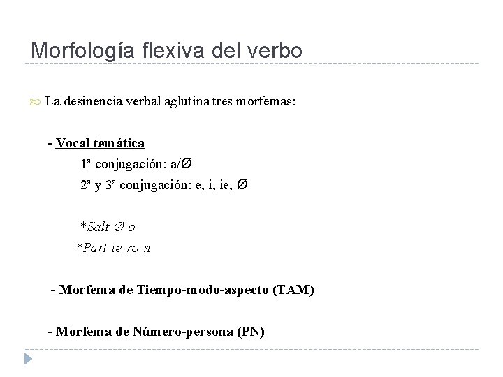 Morfología flexiva del verbo La desinencia verbal aglutina tres morfemas: - Vocal temática 1ª