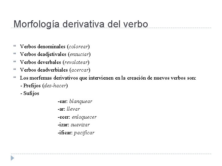 Morfología derivativa del verbo Verbos denominales (colorear) Verbos deadjetivales (ensuciar) Verbos deverbales (revolotear) Verbos