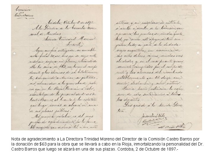 Nota de agradecimiento a La Directora Trinidad Moreno del Director de la Comisión Castro