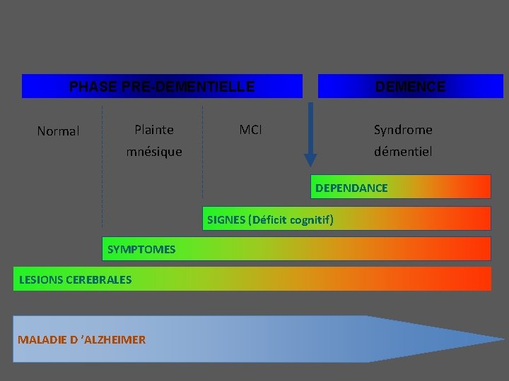 PHASE PRE-DEMENTIELLE Plainte Normal DEMENCE MCI Syndrome mnésique démentiel DEPENDANCE SIGNES (Déficit cognitif) SYMPTOMES