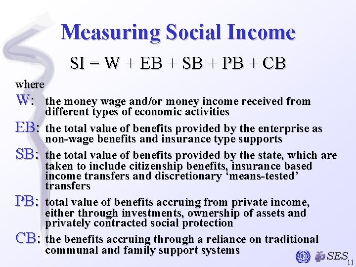 Measuring Social Income SI = W + EB + SB + PB + CB